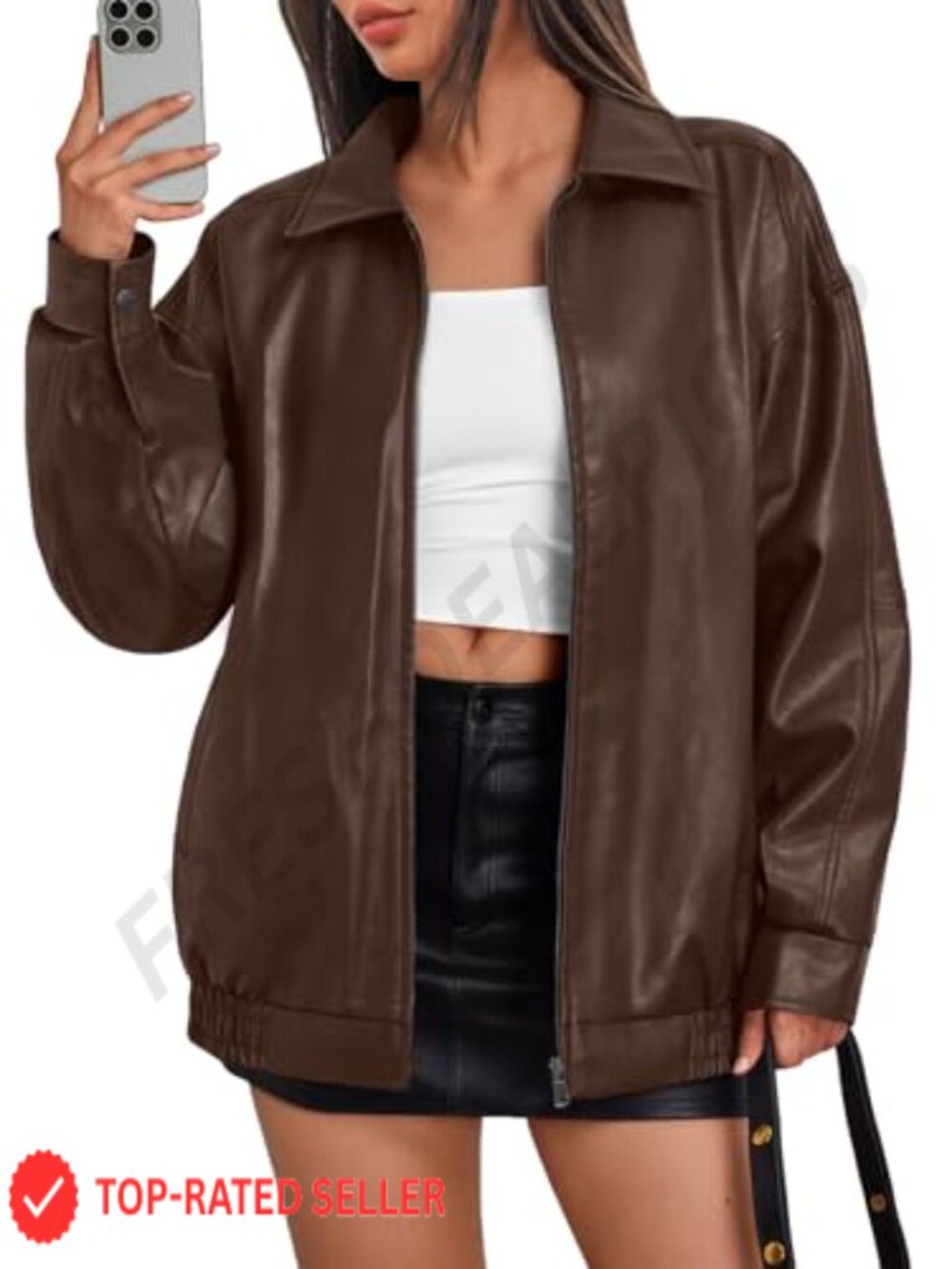 Oversized Vegan Leather Jacket Moto Bomber Coat Women Moto